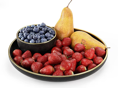 Fresh Strawberries Pears And Blueberries In Black Bowl On Black Plate 3d model