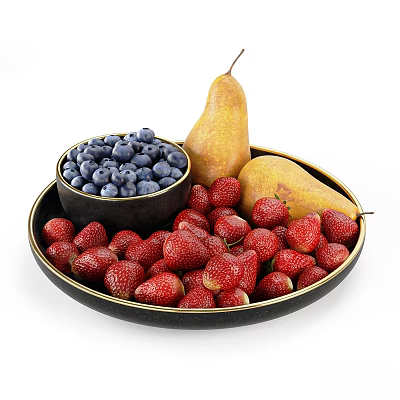 Fresh Strawberries Pears And Blueberries In Black Bowl On Black Plate 3d model