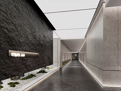 Modern Office Corridor Featuring Black Stone Wall Minimalist Design Lighting Strip And Green Plants 3d model