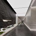 Modern Office Corridor Featuring Black Stone Wall Minimalist Design Lighting Strip And Green Plants