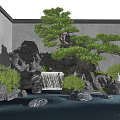 Tranquil Garden Ornament Featuring Rockery Waterfall Pond Pine Tree And Green Plants