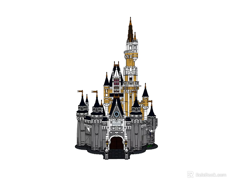Detailed Building Blocks Castle Model With Tall Spires Gray Towers And Yellow Main Structure 3d model 