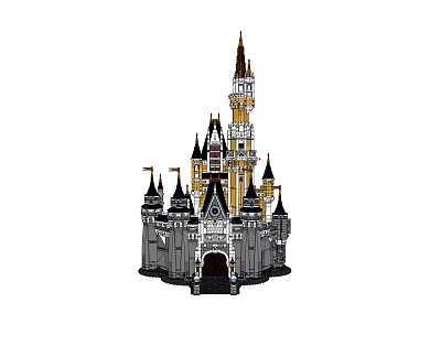 Detailed Building Blocks Castle Model With Tall Spires Gray Towers And Yellow Main Structure 3d model