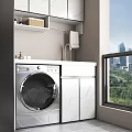 Modern Bathroom Cabinet with Marble Countertop Sink Faucet Washing Machine Shelf and Window City View