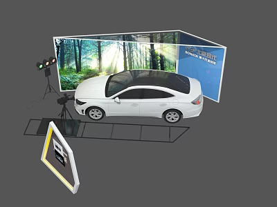 White Sedan Car Display on Exhibition Stand with Forest Backdrop and Stage Lighting 3d model