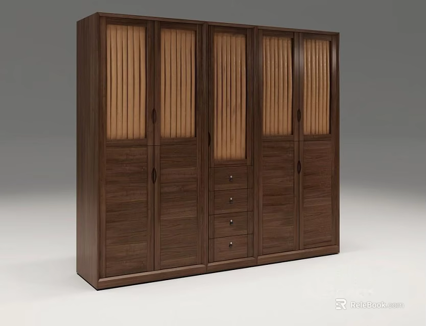 Dark Wooden Modern Wardrobe with Vertical Slat Doors and Bottom Storage Drawers 3d model 