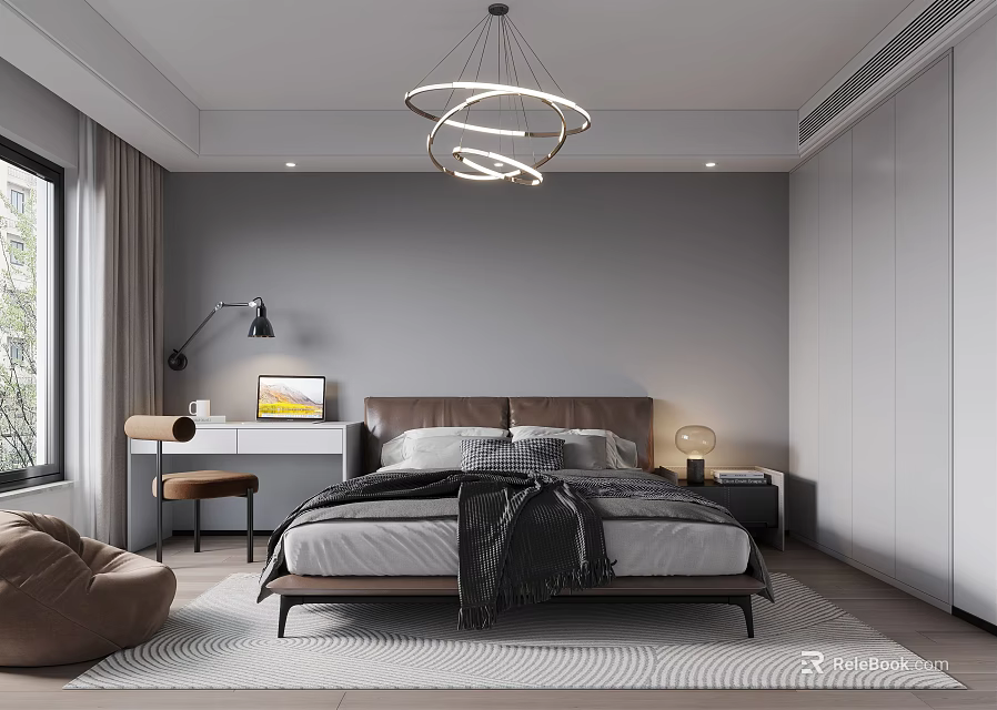 Modern Bedroom Interior Design With Gray Walls Circular Chandelier Bed Desk And Wardrobe 3d model 