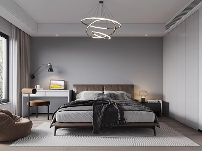 Modern Bedroom Interior Design With Gray Walls Circular Chandelier Bed Desk And Wardrobe 3d model