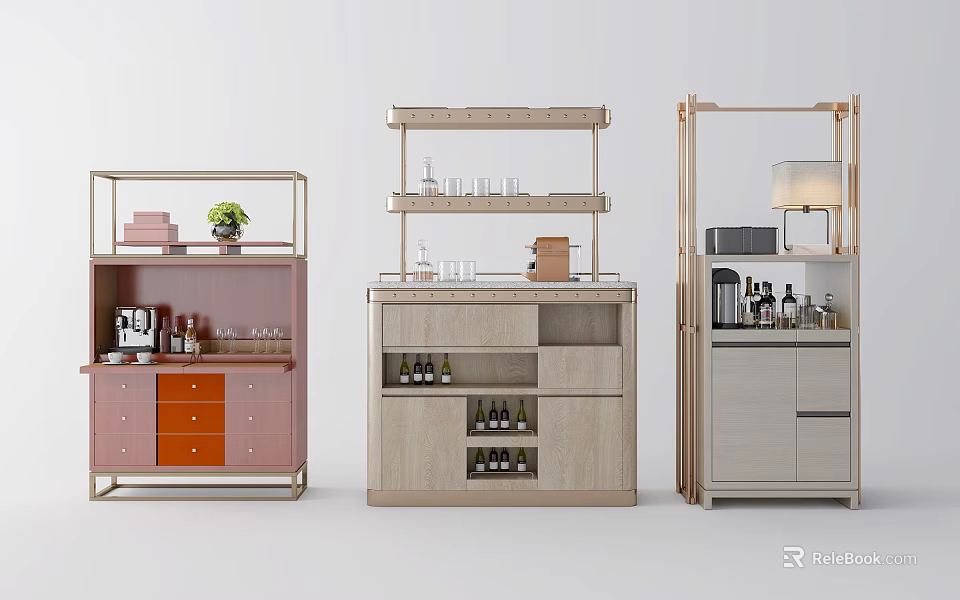 Three Different Modern Sideboard Designs With Storage Shelves Drawers And Decorative Items 3d model 