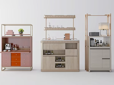 Three Different Modern Sideboard Designs With Storage Shelves Drawers And Decorative Items 3d model