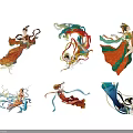 Elegant Women in Traditional Chinese Robes Flying with Flowing Silks and Graceful Poses