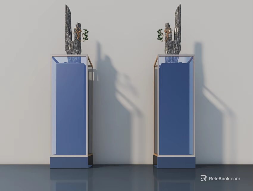 Pair of Sculpture Carving on Blue Columnar Bases with Irregular Stone and Green Plants 3d model 