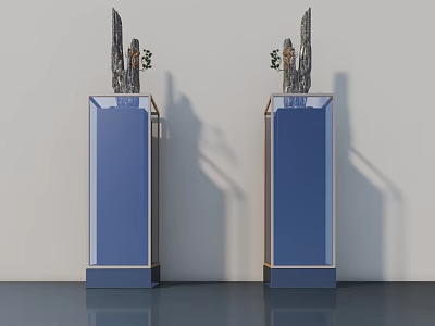 Pair of Sculpture Carving on Blue Columnar Bases with Irregular Stone and Green Plants 3d model