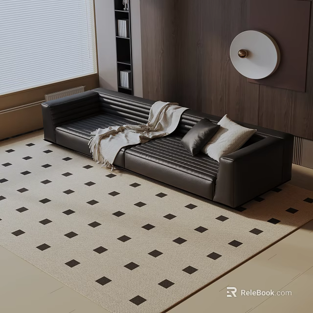 Black Leather Three Seater Sofa with Throw Blanket Pillows Wooden Wall Window and Checkered Rug 3d model 