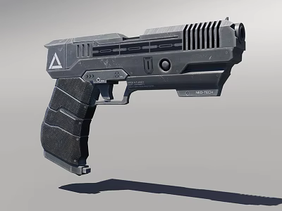 Futuristic Black Pistol With Vented Barrel Textured Grip And Symbol Design 3d model
