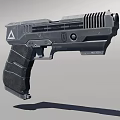 Futuristic Black Pistol With Vented Barrel Textured Grip And Symbol Design