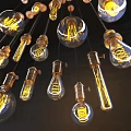 Vintage Chandeliers With Brass Bases Clear Glass Bulbs And Illuminated Filaments