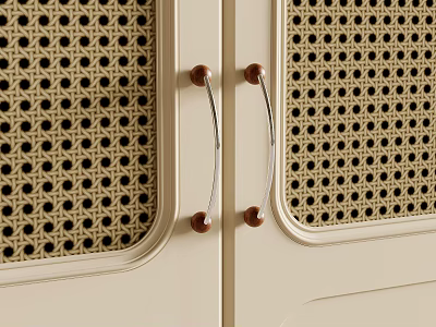 Detailed View Of Beige Cabinet Doors With Woven Texture And Wooden Metal Handles 3d model