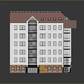 Multi Story Apartment Building With Red Roof White Exterior Multiple Windows And Brick Base