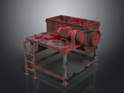 Rusty Industrial Machine With Red Rotary Parts On Metal Frame 3d model