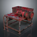 Rusty Industrial Machine With Red Rotary Parts On Metal Frame