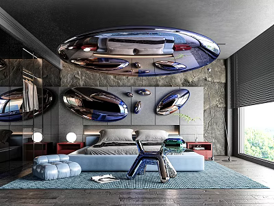 Modern Luxury Bedroom Interior With Mirror Decor Stone Wall Blue Bed And Round Pendant Light 3d model