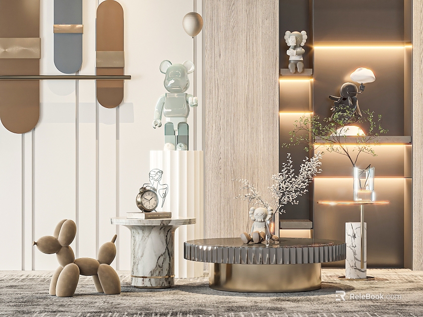 Modern Round Marble Coffee Table With Gold Accents And Decorative Items 3d model 