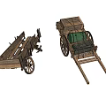 Two Wooden Carts One Empty and One Loaded with Wooden Crates Green Barrel