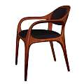 Modern Wooden Dining Chair With Black Leather Seat And Curved Armrests