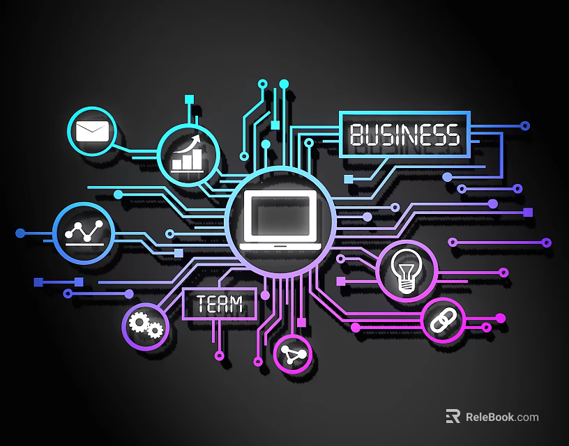 Circuit Lines Connecting Business Team Icons With Computer Charts Light Bulb And Gear 3d model 