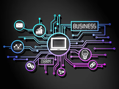 Circuit Lines Connecting Business Team Icons With Computer Charts Light Bulb And Gear 3d model