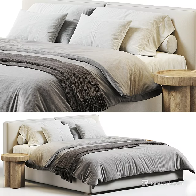 Modern Double Bed with Gray Duvet White Pillows and Wooden Side Table 3d model