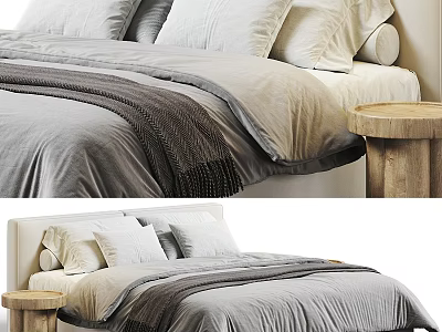 Modern Double Bed with Gray Duvet White Pillows and Wooden Side Table 3d model