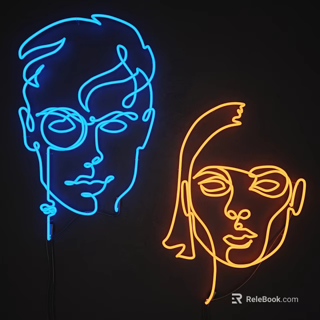 Neon Decorative Lights With Blue And Orange Face Outlines On Black Background 3d model 