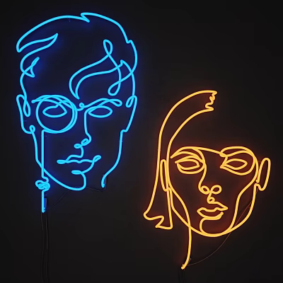 Neon Decorative Lights With Blue And Orange Face Outlines On Black Background 3d model