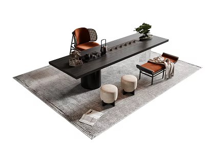 New Chinese Style Tea Table and Chair Low Stool Carpet 3d model