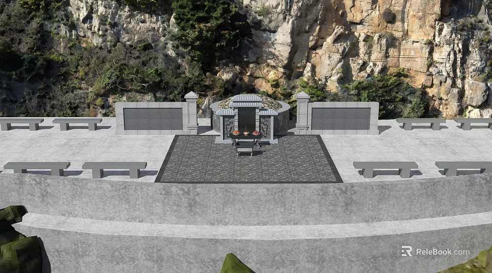 Traditional Chinese Stone Ancestral Tomb Site With Complete Worship Altar Under Natural Rocky Mountain Backdrop 3d model 