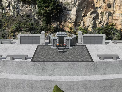 Traditional Chinese Stone Ancestral Tomb Site With Complete Worship Altar Under Natural Rocky Mountain Backdrop 3d model
