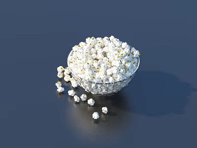 Fresh Popcorn in Glass Bowl with Scattered Pieces on Dark Surface 3d model