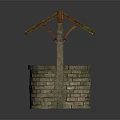 Traditional Well Structure With Stone Brick Base And Wooden Sloped Roof