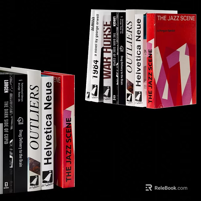 Diverse Books Collection With 1984 War Horse Helvetica And Jazz Scene Titles 3d model 