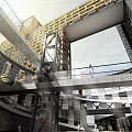 Modern High Rise Residential Building Complex With Glass Curtain Walls And Pedestrian Area