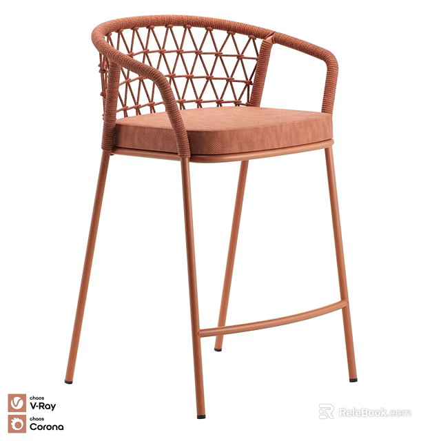 Copper Metal Frame Bar Stool With Woven Armrest And Padded Seat 3d model 