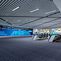 Aerial View of Modern Control Room Interior with Long Tables Large Screens Seats and Plants