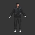 Human Character Wearing Gray Hoodie Cargo Pants White Gloves and Sneakers Standing on Dark Background