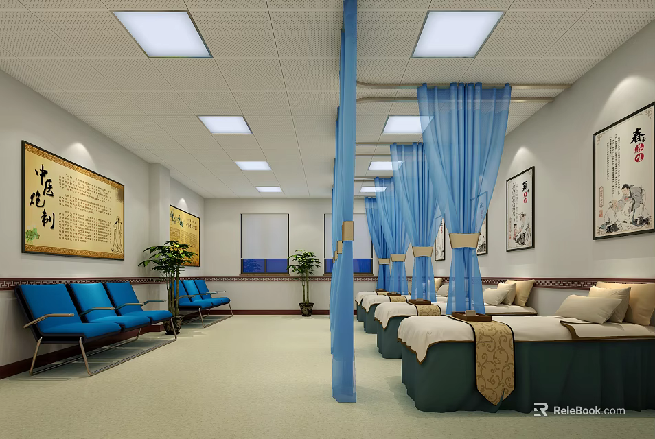 Traditional Chinese Medicine Therapy Room With Blue Curtains Massage Beds Blue Chairs And Decorative Paintings 3d model 