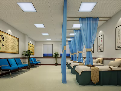 Traditional Chinese Medicine Therapy Room With Blue Curtains Massage Beds Blue Chairs And Decorative Paintings 3d model