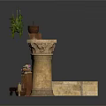 Household Items Display On Vintage Wooden Shelf With Stone Pillars And Plants