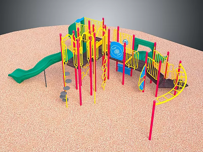 Colorful Playground Equipment With Green Slide Climbing Frames Yellow Red Poles And Sandy Surface 3d model