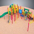 Colorful Playground Equipment With Green Slide Climbing Frames Yellow Red Poles And Sandy Surface